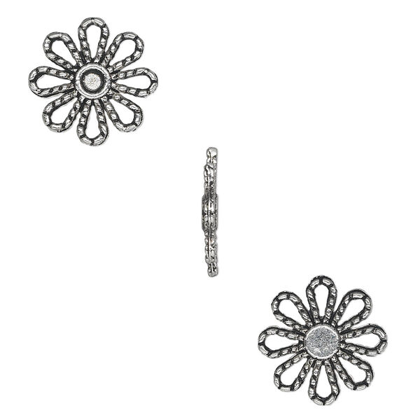 Component, antique silver-plated "pewter" (zinc-based alloy), 13x13mm single-sided flower. Sold per pkg of 50. image number 0