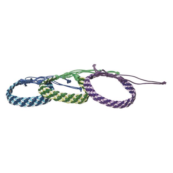 Bracelet, cotton, multicolored, 12mm wide, woven, adjustable from 7-9 inches with macramé knot closure. Sold per pkg of 3. image number 0