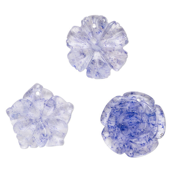 Drop mix, glass, translucent speckled dark purple, 25x21mm-25x25mm top-drilled, carved flower. Sold per pkg of 3. image number 0