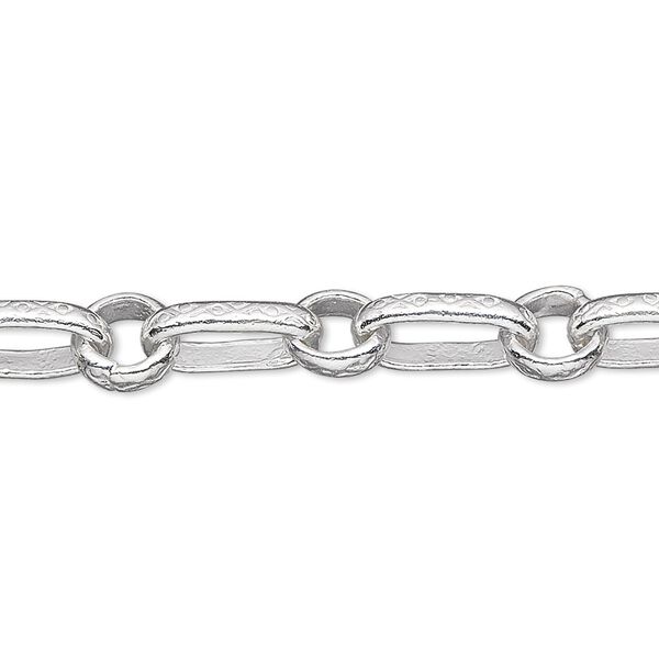 Chain, Hill Tribes, sterling silver, pkg/2 feet, 7mm engraved textured long and short oval. image number 0