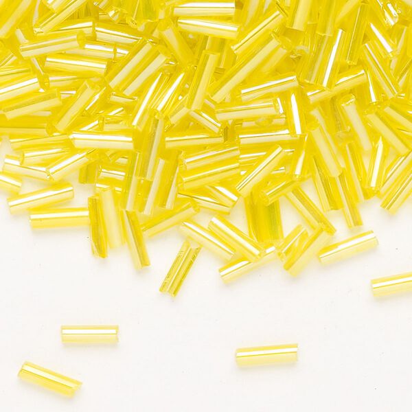 Bead, Ming Tree™, bugle bead, glass, pkg/1/4 pound, 1/4 inch, rainbow transparent yellow. image number 0