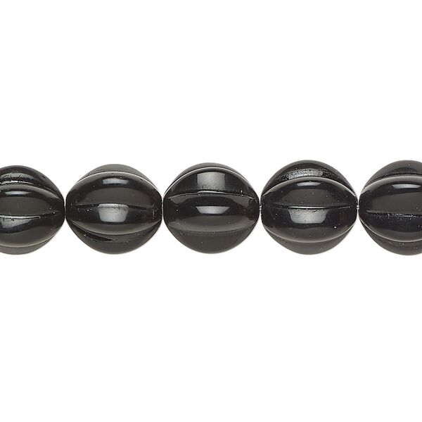 Bead, Czech pressed glass, opaque black, 10mm corrugated round. Sold per 7-inch strand, approximately 15 beads. image number 0
