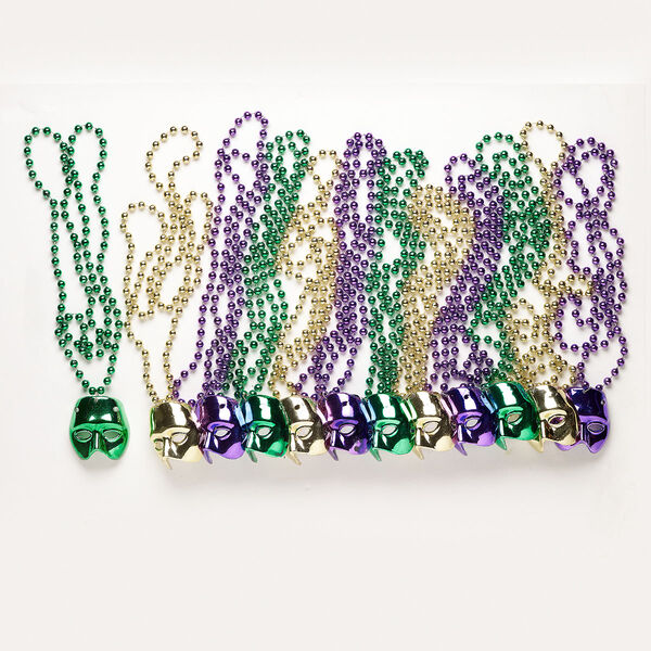 Necklace assortment, acrylic, gold / green / purple, 57x54mm Mardi Gras mask, 23 inches. Sold per pkg of 12. image number 0