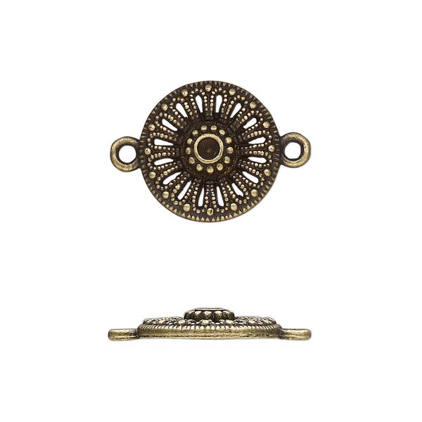 Link, antique brass-finished "pewter" (zinc-based alloy), 15mm single-sided round with cutout flower and beaded design. Sold per pkg of 20. image number 0