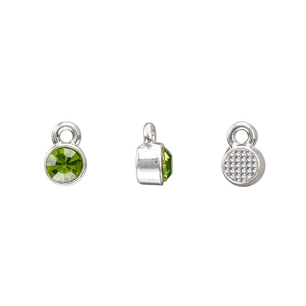 Drop, silver-finished "pewter" (zinc-based alloy) and glass rhinestone, peridot green, 6mm faceted round, August birthstone. Sold per pkg of 10. image number 0