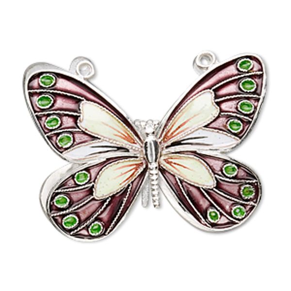 Focal, cloisonné, sterling silver and enamel, purple and multicolored, 36x27mm butterfly. Sold individually. image number 0