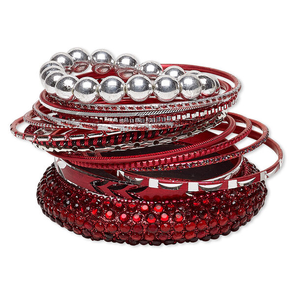 Bracelet, bangle and stretch, resin / aluminum / silver-coated plastic / brass, red and black with glitter, 2.5-17mm wide, 6-1/2 to 8 inches. Sold per 15-piece set. image number 0