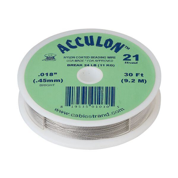 Beading wire, Acculon®, nylon-coated stainless steel, clear, 21 strand, 0.018-inch diameter. Sold per 30-foot spool. image number 0