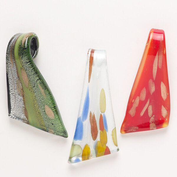 Random focal mix, lampworked glass, pkg/3, opaque to transparent mixed colors with silver-colored foil and copper-colored glitter, 48x22mm-64x38mm top-drilled random slant triangle. image number 0