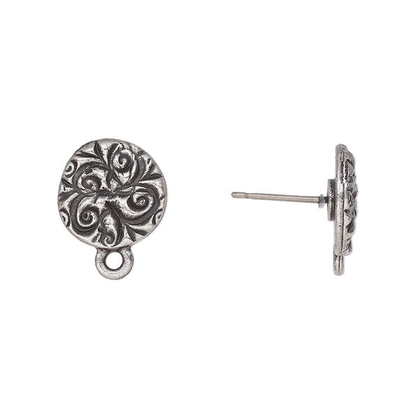 Earstud 1pkg10 TierraCast® pewter (tin-based alloy), 15mm round jardin design / closed loop / Dulce Vida collection, antiqued 5 pair image number 0