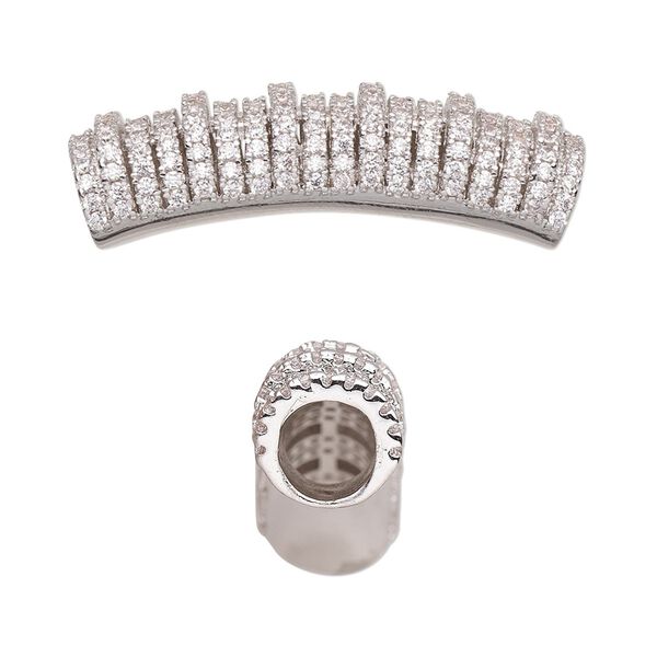 Bead, cubic zirconia and silver-plated brass, clear, 34x9mm curved tube. Sold individually. image number 0