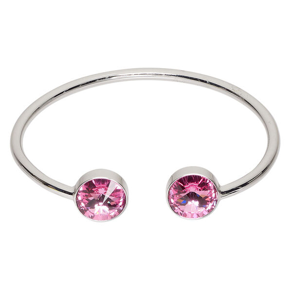 Bracelet, cuff, Everyday Jewelry™, Crystal Passions® and silver-plated "pewter", rose, 13mm wide double round, 7 inches. Sold individually. image number 0