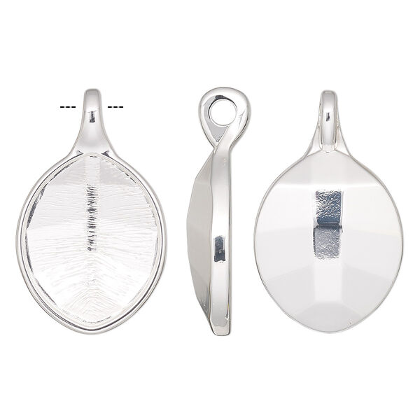 Pendant, Almost Instant Jewelry®, silver-plated "pewter" (zinc-based alloy), 34x20.5mm leaf with 23x18mm faceted pure leaf glue-in setting and 3mm hole. Sold individually. image number 0