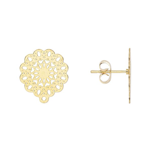 Earstud Lazer Lace™ 1pkg8, 14.5mm filigree mandala / closed loop / earnuts, gold-finished stainless steel 4 pair image number 0