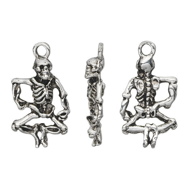 Charm, pewter (tin-based alloy), pkg/1, antique silver plate, 25x14mm 3D skeleton. image number 0