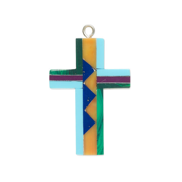 Drop, resin / aluminum/ silver-finished copper, multicolored, 28.5x20mm double-sided cross with Santa Fe design. Sold individually. image number 0