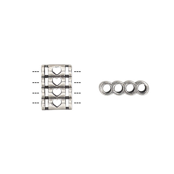 Spacer, antique silver-plated brass, 12.5x8.5mm double-sided 4-strand quadruple round tube with heart cutout design, fits up to 2mm bead. Sold individually. image number 0