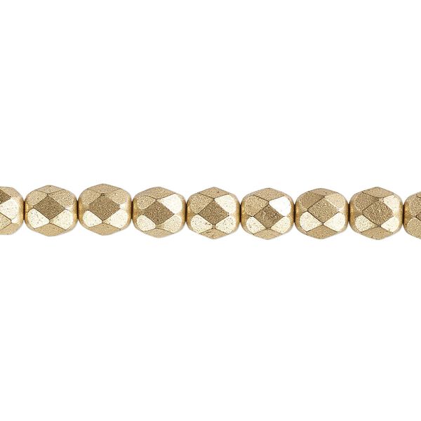 Bead, Czech fire-polished glass, opaque satin gold, 6mm faceted round. Sold per 15-1/2" to 16" strand, approximately 65 beads. image number 0