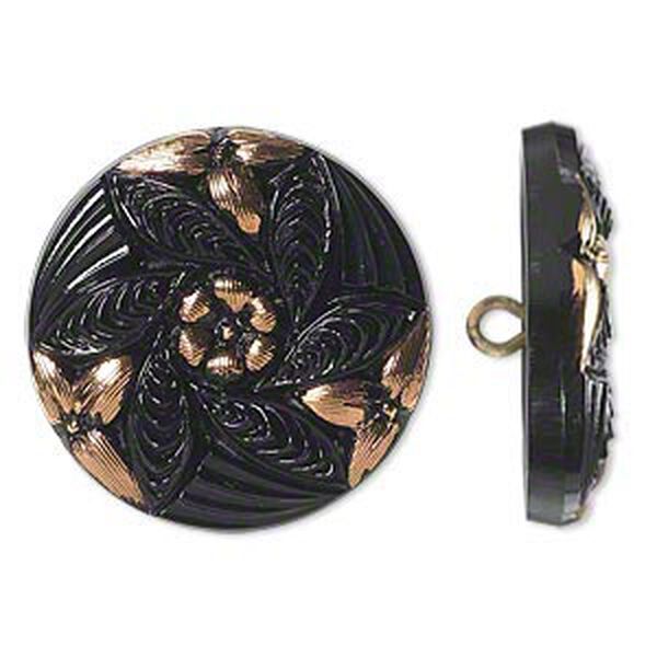 Button, Czech glass and brass, black and gold, 27mm round with flower design. Sold individually. image number 0