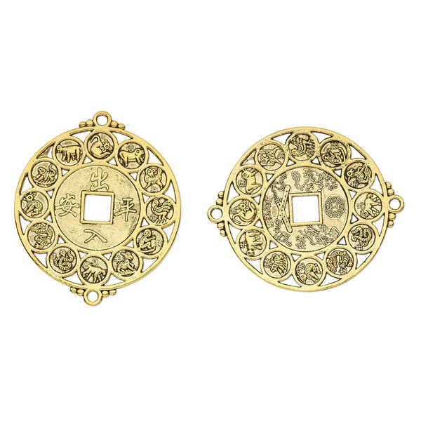 Focal, antique brass-finished "pewter" (zinc-based alloy), 45mm two-sided round with Chinese zodiac design and cutout square. Sold per pkg of 2. image number 0