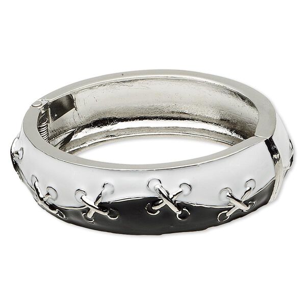 Bracelet, hinged bangle, epoxy and rhodium-finished "pewter" (zinc-based alloy), black and white, 20mm wide with raised crisscross design, 6 inches. Sold individually. image number 0