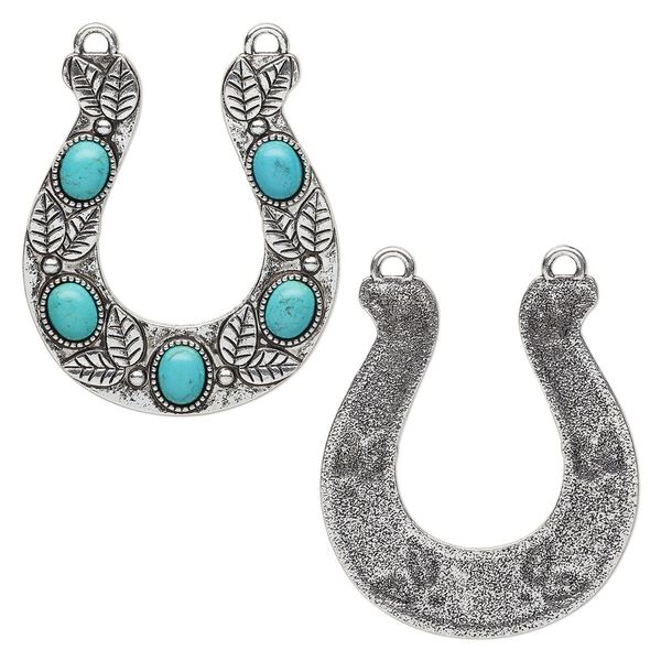 Connector, "turquoise" (resin) (imitation) and antique silver-finished "pewter" (zinc-based alloy), turquoise blue, 60x52mm single-sided horseshoe with leaf design. Sold individually. image number 0