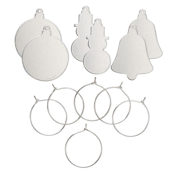 Ornament, ImpressArt®, aluminum and steel, mixed sizes snowman / ball ornament / bell shapes. Sold per pkg of 6. image number 0