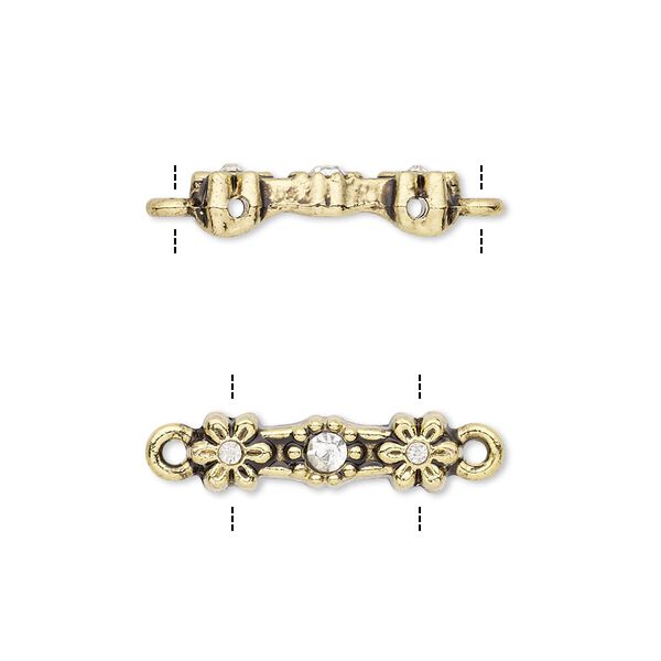 Link, glass rhinestone and antique gold-finished "pewter" (zinc-based alloy), clear, 18x5mm double-drilled bar with flower design, fits up to 11.5mm bead. Sold per pkg of 10. image number 0