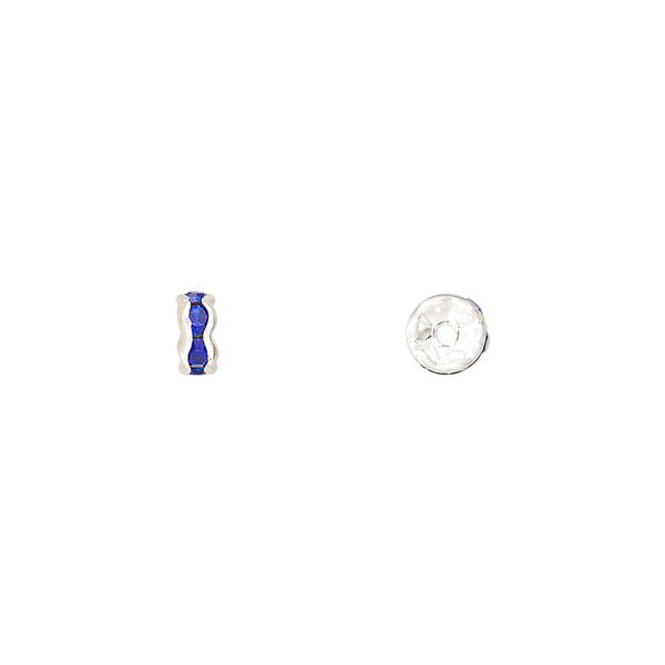 Bead, glass rhinestone and silver-plated brass, sapphire blue, 5x2mm rondelle. Sold per pkg of 10. image number 0