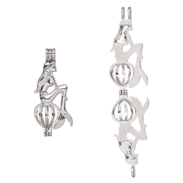 Pendant, imitation rhodium-finished "pewter" (zinc-based alloy), 43x19mm two-sided mermaid bead cage, fits 8mm round bead. Sold individually. image number 0