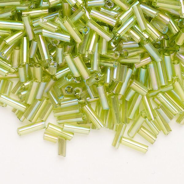 Bead, Ming Tree™, bugle bead, glass, pkg/1/4 pound, 1/4 inch, rainbow transparent grass green. image number 0