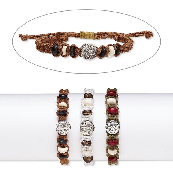 Bracelet mix, wood (natural) / stained wood / waxed cotton cord / silver-coated plastic, mixed colors, 10.5mm wide, adjustable from 7-9 inches with wrapped knot closure. Sold per pkg of 3. image number 0