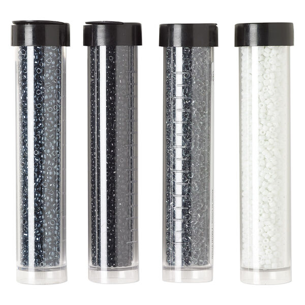 Seed bead assortment, Ming Tree™, glass, pkg/(4) 4 x 3/4 inch vials, #11 round, opaque and transparent color-lined luster white and black. image number 0