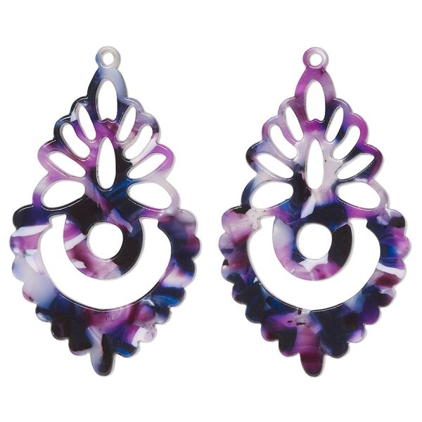 Focal, resin, purple / dark purple / white, 50x31mm fancy teardrop. Sold per pkg of 2. image number 0