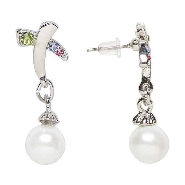 Earring, Everyday Jewelry, antique silver-finished "pewter" (zinc-based alloy) / glass / acrylic pearl, multicolored, 34mm with post. Sold per pair. image number 0
