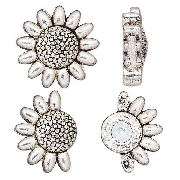 Clasp, magnetic, antique silver-finished "pewter" (zinc-based alloy), 23mm sunflower with glue-in ends, 9x2mm inside diameter. Sold individually. image number 0