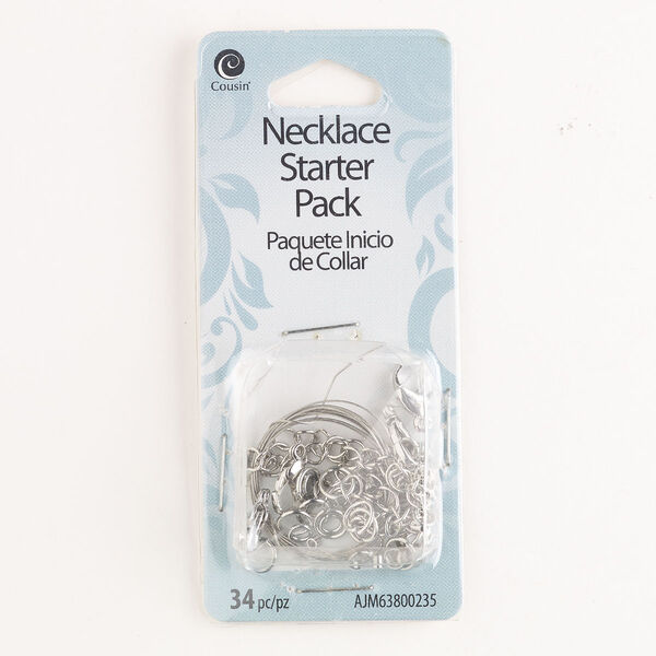 Necklace finding starter kit, steel and brass, pkg/1, mixed sizes and shapes, silver finish. image number 0