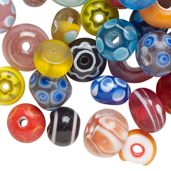 Bead mix, lampworked glass, opaque and translucent mixed colors, 9x6mm-14x9mm rondelle. Sold per 4-ounce pkg, approximately 70 beads. image number 0