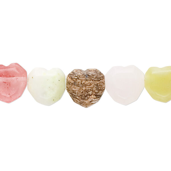 Bead, multi-gemstone (natural / dyed / manmade) and glass, multicolored, 10x10mm faceted heart, B grade. Sold per 15" to 16" strand. image number 0
