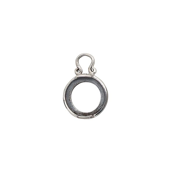 Drop, antiqued sterling silver, 11mm round with dot design and open back with 10mm 2-prong round cabochon setting. Sold individually. image number 0