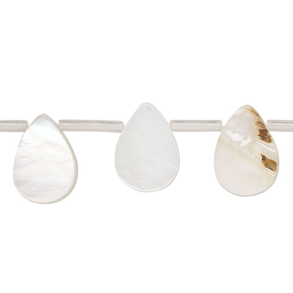 Bead, mother-of-pearl shell (bleached), white, 13x3mm-14x9mm top-drilled flat teardrop, Mohs hardness 3-1/2. Sold per 14-inch strand, approximately 25 beads. image number 0