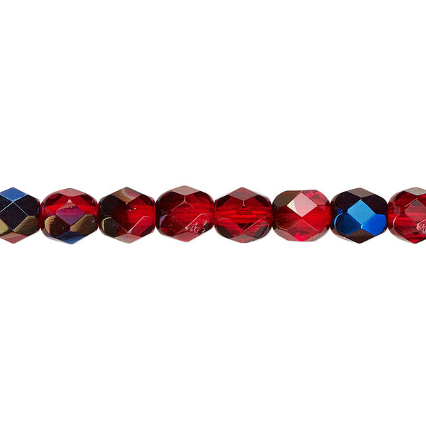 Bead, Czech fire-polished glass, red blue iris, 6mm faceted round. Sold per 15-1/2" to 16" strand. image number 0