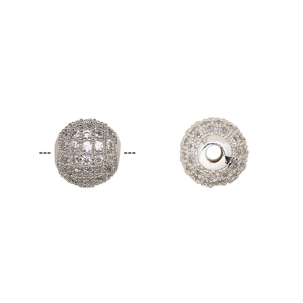 Bead, cubic zirconia and silver-finished brass, clear, 9.5mm textured round. Sold individually. image number 0