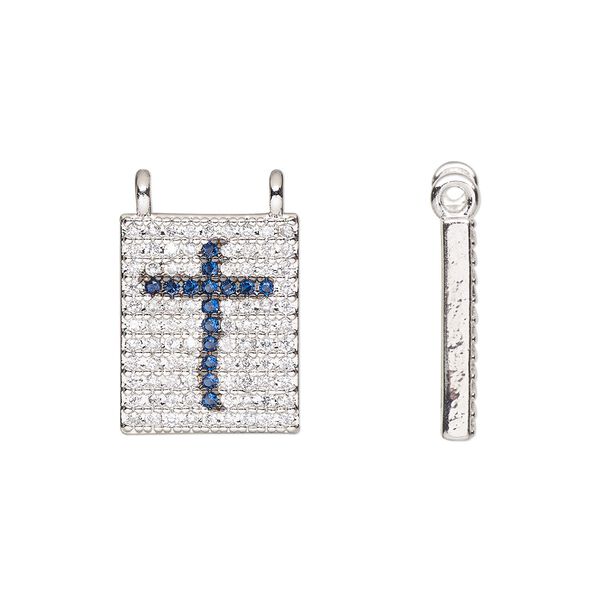 Connector, cubic zirconia and silver-finished brass, clear and dark blue, 13.5x11mm single-sided rectangle with cross. Sold individually. image number 0