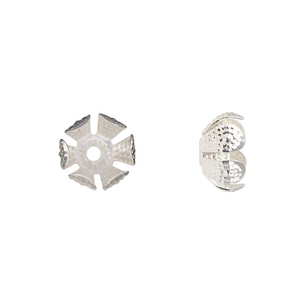 Bead cap, silver-finished steel, 11.5x6mm dimpled flower, fits 8-10mm round bead. Sold per pkg of 20. image number 0