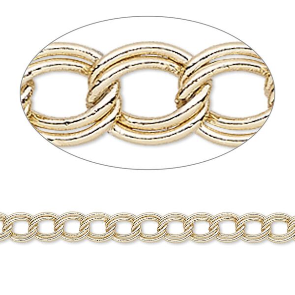 Chain, gold-finished brass, 4mm double curb. Sold per 50-foot spool. image number 0