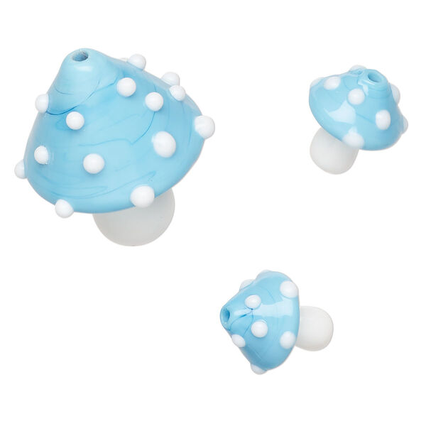 Bead, lampworked glass, opaque blue and white, 31x25mm and 15x13mm mushroom. Sold per pkg of 3. image number 0