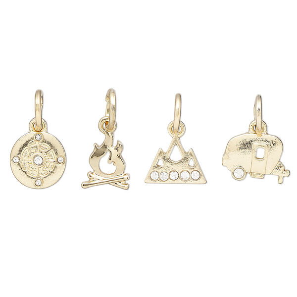 Charm assortment, gold-finished "pewter" (zinc-based alloy) and glass rhinestone, clear, 8-11x7mm multi-shape, outdoors theme. Sold per 4-piece set. image number 0