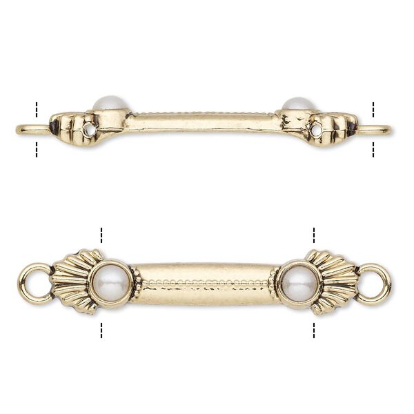Link, acrylic pearl and antique gold-finished "pewter" (zinc-based alloy), white, 36x7mm double-drilled bar with shell design, fits up to 25.5mm bead. Sold per pkg of 10. image number 0