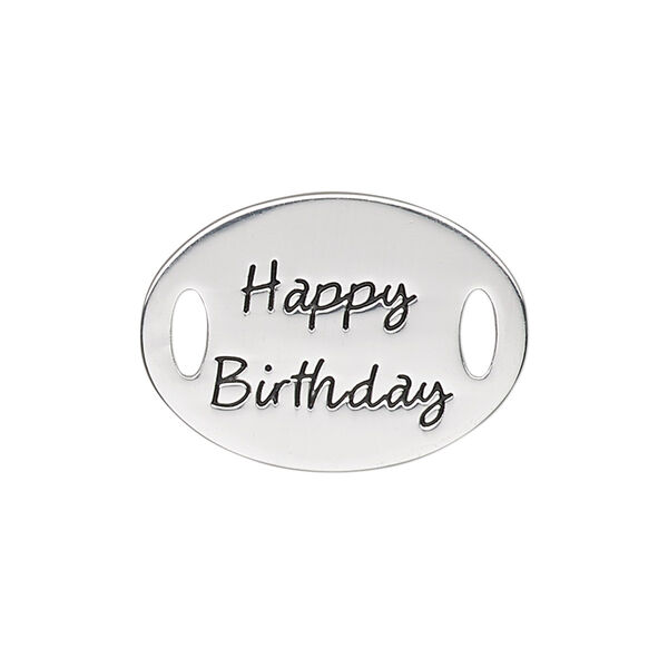 Link, antique silver-finished "pewter" (zinc-based alloy), 26x19mm single-sided flat oval with "Happy Birthday." Sold individually. image number 0
